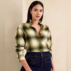 NWT Banana Republic Women's Ruffle Neck Collar Green Plaid Wool Flannel Shirt